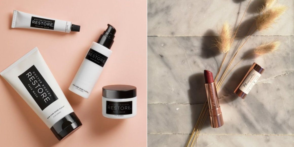 Side by side images of clean beauty brand featured on The Style Pulse platform. The first image is an array of different Doctor Rogers Restore products on a pink background. The second image is a pink lipstick with a grey marble background and dried flowers. 