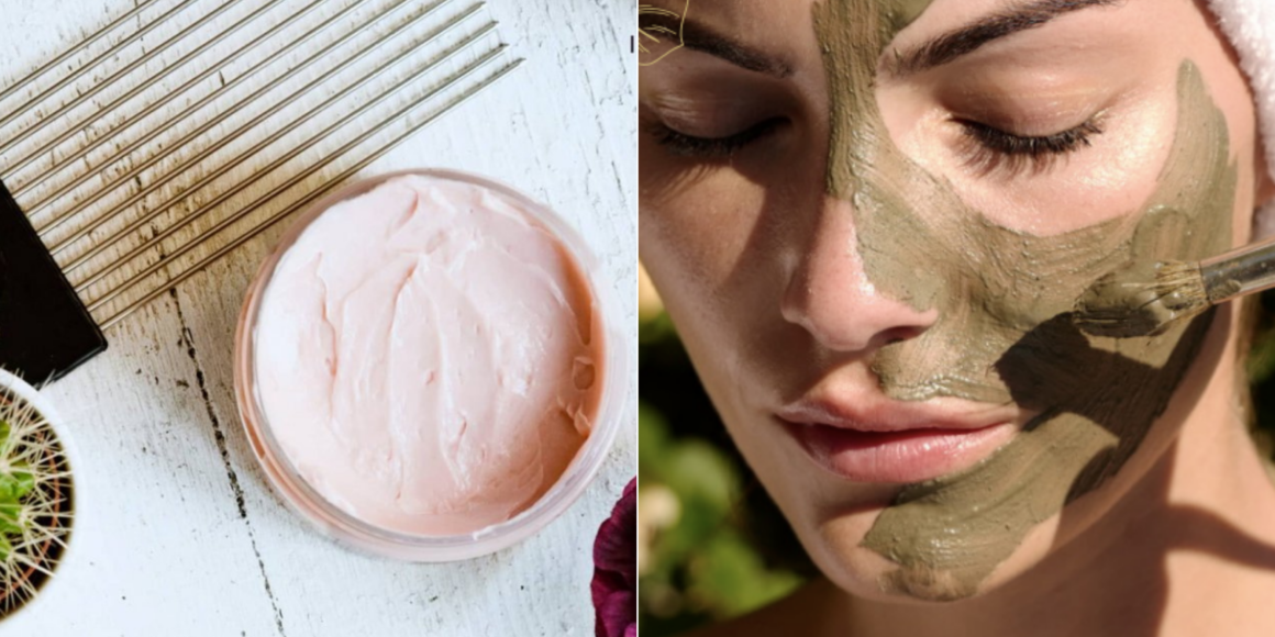 Side by side images of clean beauty brands featured on The Style Pulse platform. The first image is a tub of pink coloured cream, with a comb placed next to it. The second image is a woman's face with a green face mask on it, her eyes are closed and she is painting the mask on. 