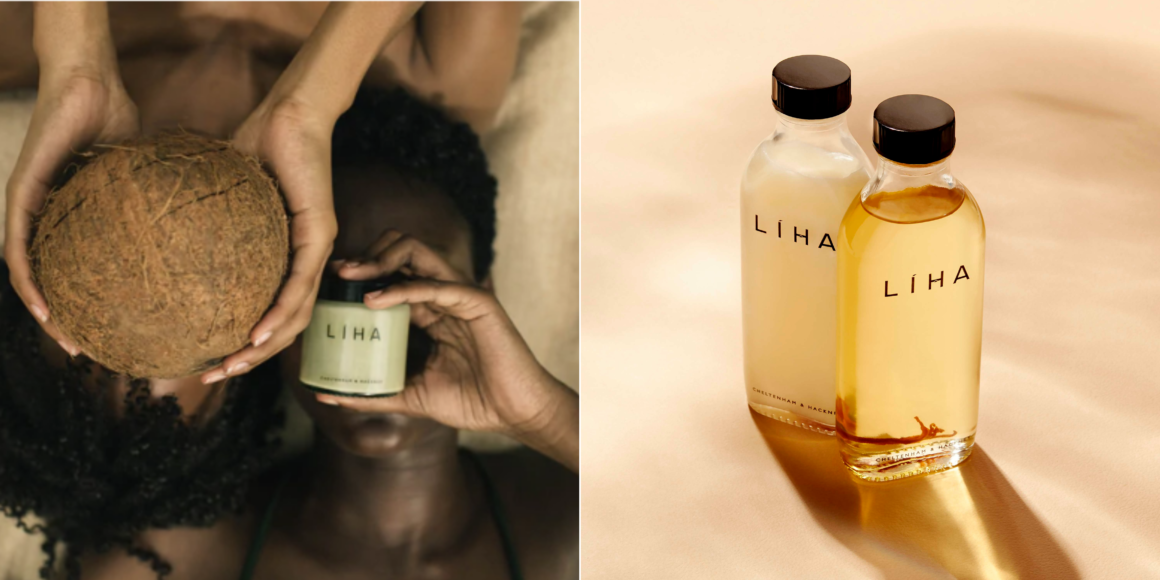 Side by side images of clean beauty brands featured on The Style Pulse B2B platform. First image is of two black women with their heads together, one is holding a coconut and the other is holding a green pot with the brand name Liha. 